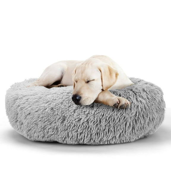 ZephyPaws 27'' Donut Dog Bed for Small/Medium/Large Dogs & Cats - Anti-Anxiety Calming Plush Bed with Faux Fur, Self-Warming Round Cuddler Pet Bed - Machine Washable, Supportive for Joint Pain, Grey