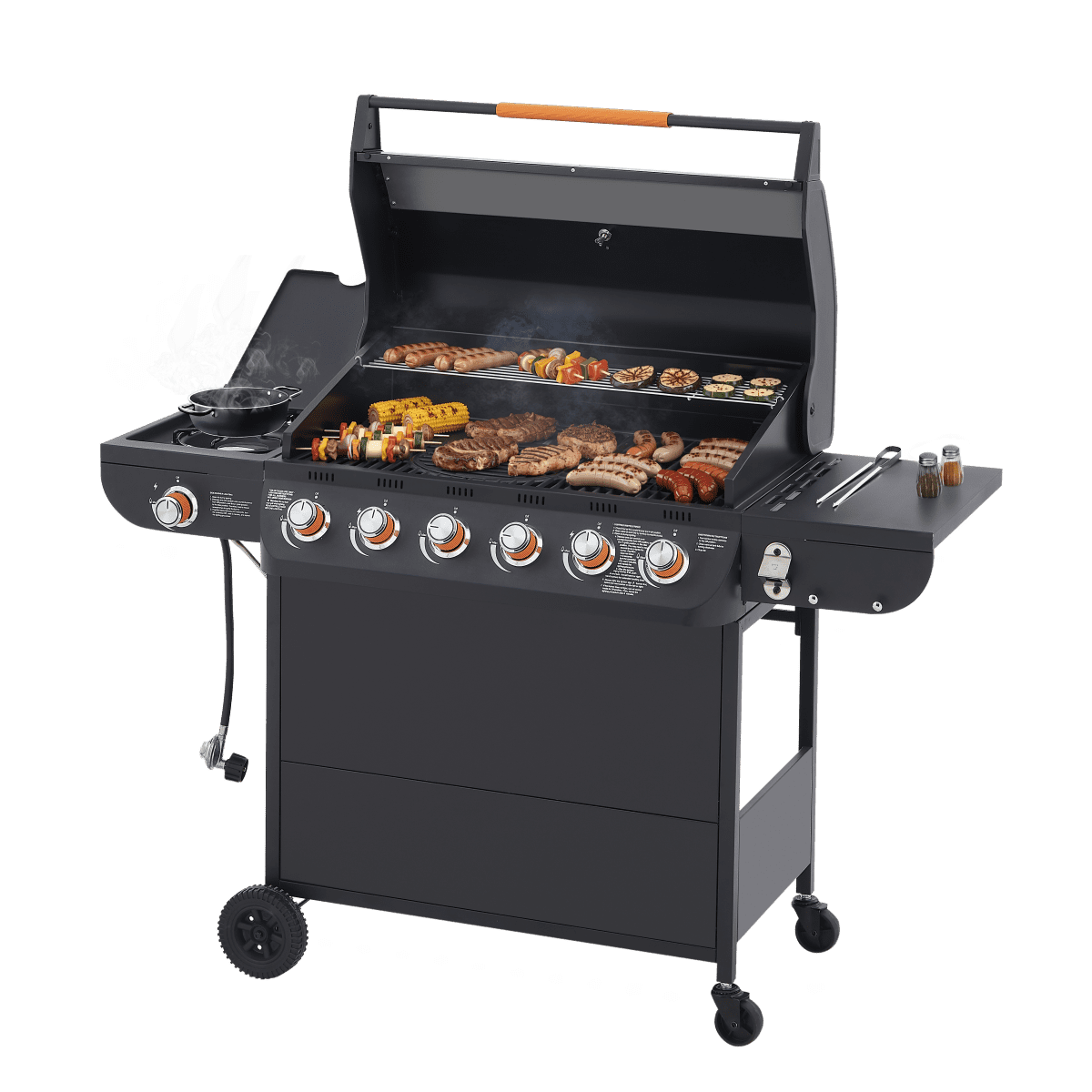 6-Burner Propane Gas Grill: 72000 BTU Power, 650 Sq.In Cooking Space, Side Burner, Cast Iron Grates for Outdoor Patio, Backyard Family Barbecues