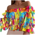 thumbnail image 1 of Leutsin Ladies Summer One-Shoulder Three-Quarter Sleeve Print Chiffon Top, 1 of 3