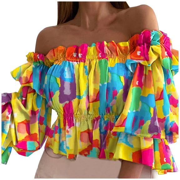 Ichuanyi Ladies Summer Fashion Sexy One-Shoulder Three-Quarter Sleeve Print Chiffon Top