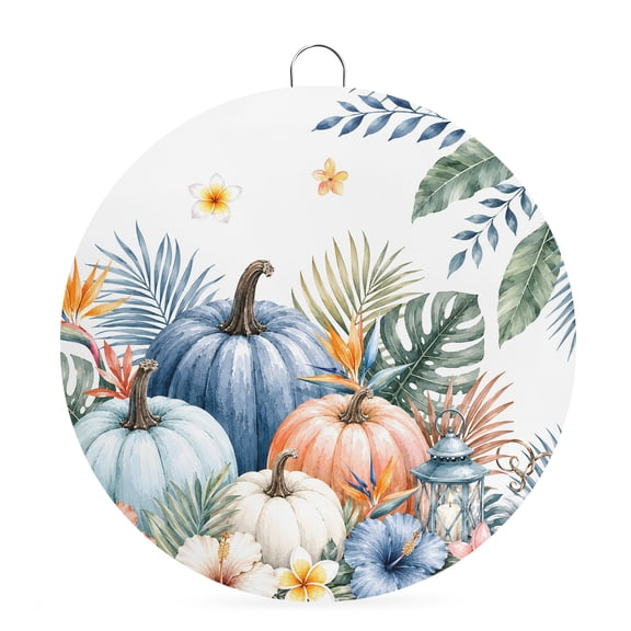 Welcome Sign for Front Door, Tropical Pumpkins Plants Round Metal Wall Art Wreaths, Summer Fall Palm Leaves Flowers Outdoor Indoor Wall Hanging Sign for Porch Decor Housewarming Gifts 7.9 Inch