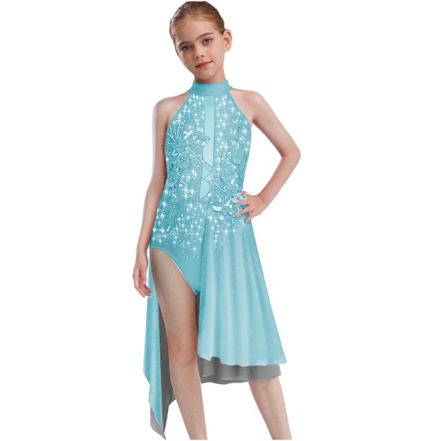 JanJean Robe Justaucorps Contemporaine Sans Manches à Strass Scintillants pour Filles Enfants Robe de Patinage Artistique Danse Bleu Clair 10
