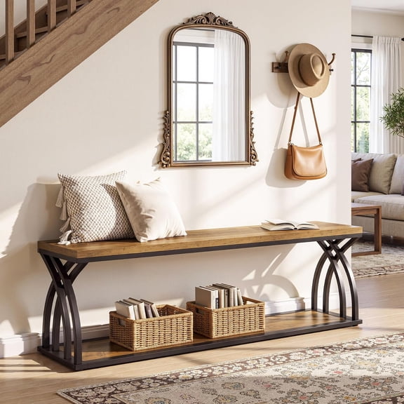 Finmind 55" Entryway Bench, 2-Tier End of Bed Bench with Storage, Industrial Shoe Bench for Entrance, Bedroom, Brown & Black