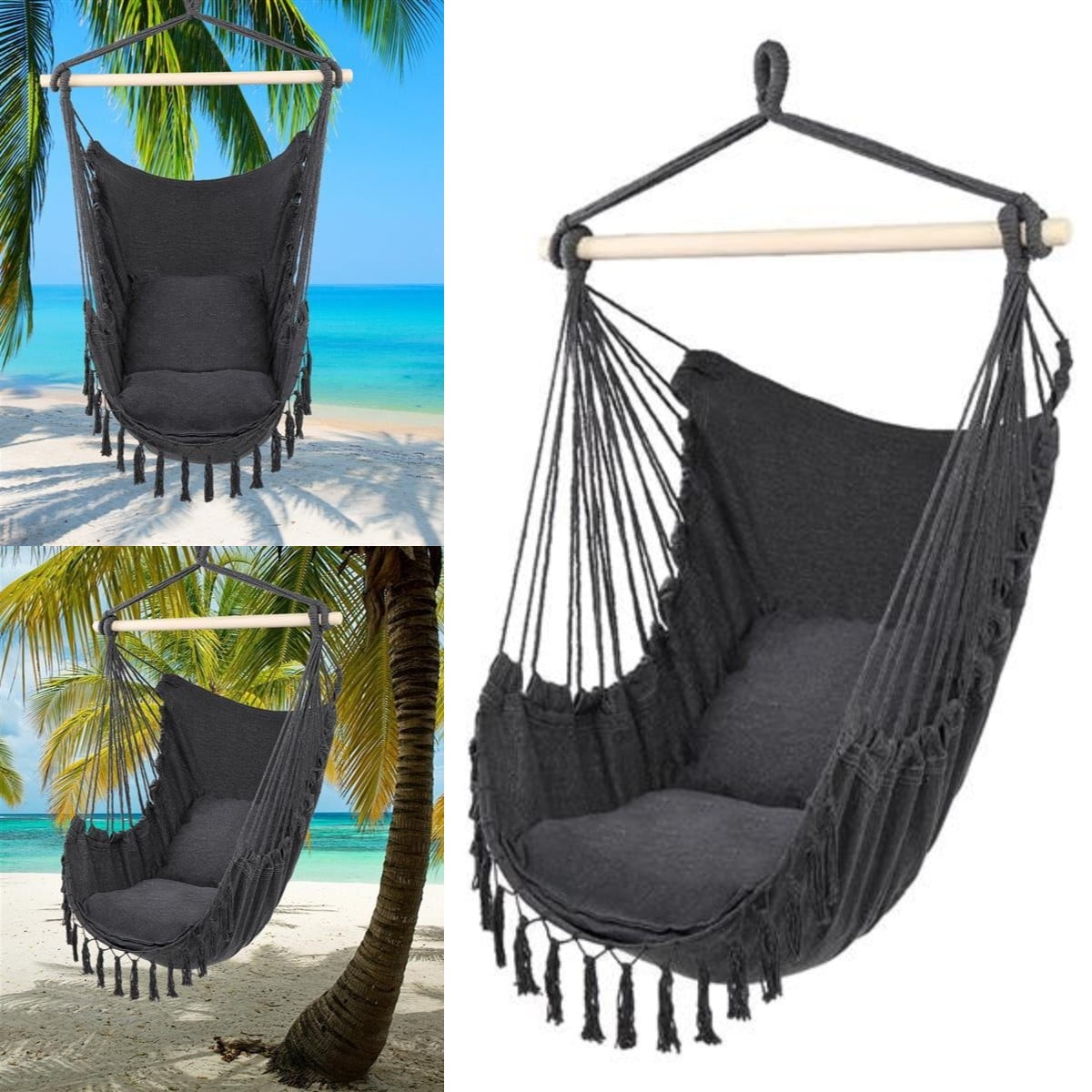 Hammock Cotton Swing Camping Hanging Rope Chair Grey Outdoor Patio With Pillow 
