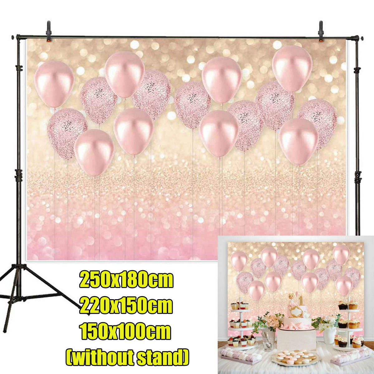 5x3ft Pink Party Backdrop Polyester Photography Background Beautiful Cake Flowers Dessert Indoor Decors Wallpaper Children Kids Portrait Photo Vedio Studio Props 