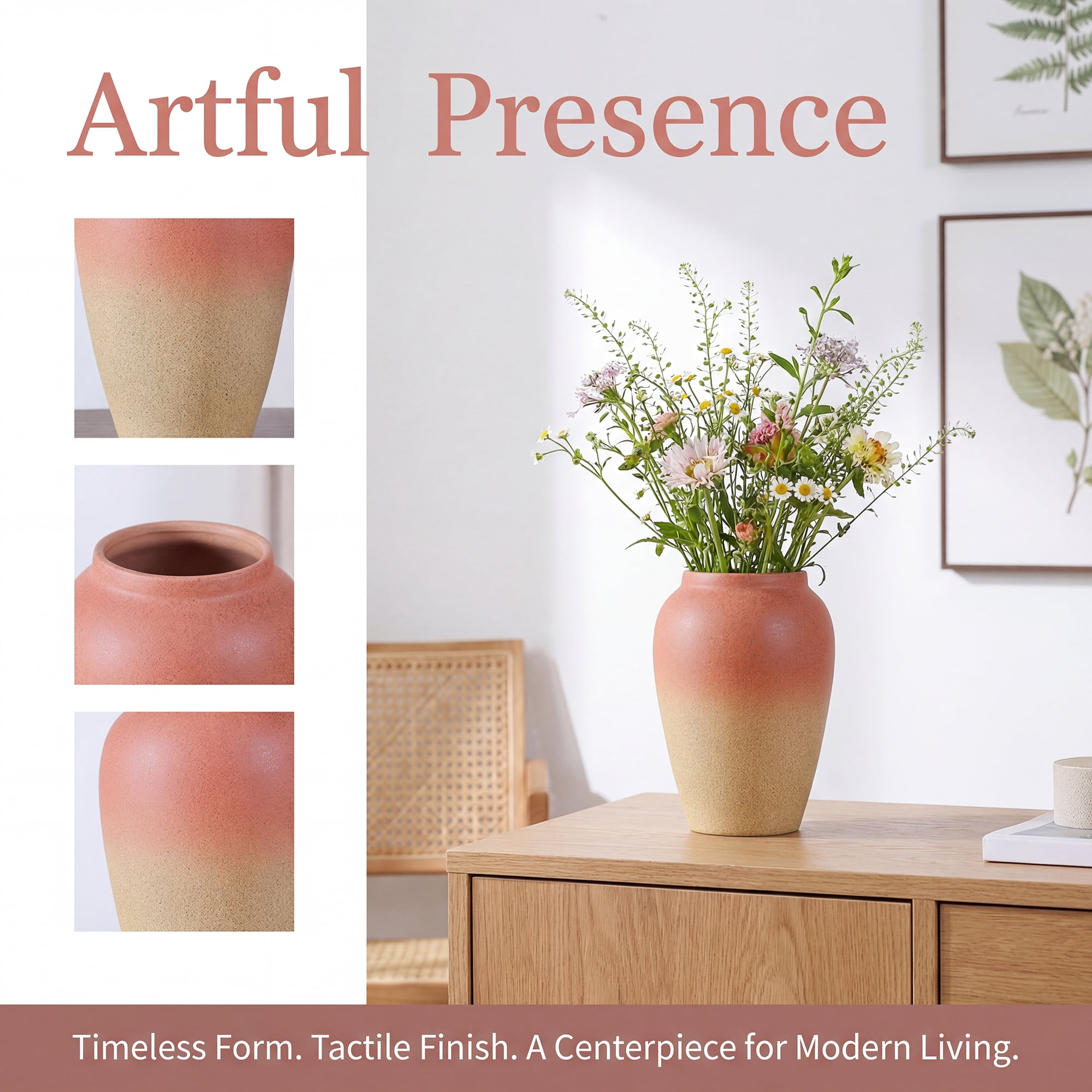 Unique Bargains Modern Flower Vase Matte Ribbed Opening Decorative Retro Round Bottle Red