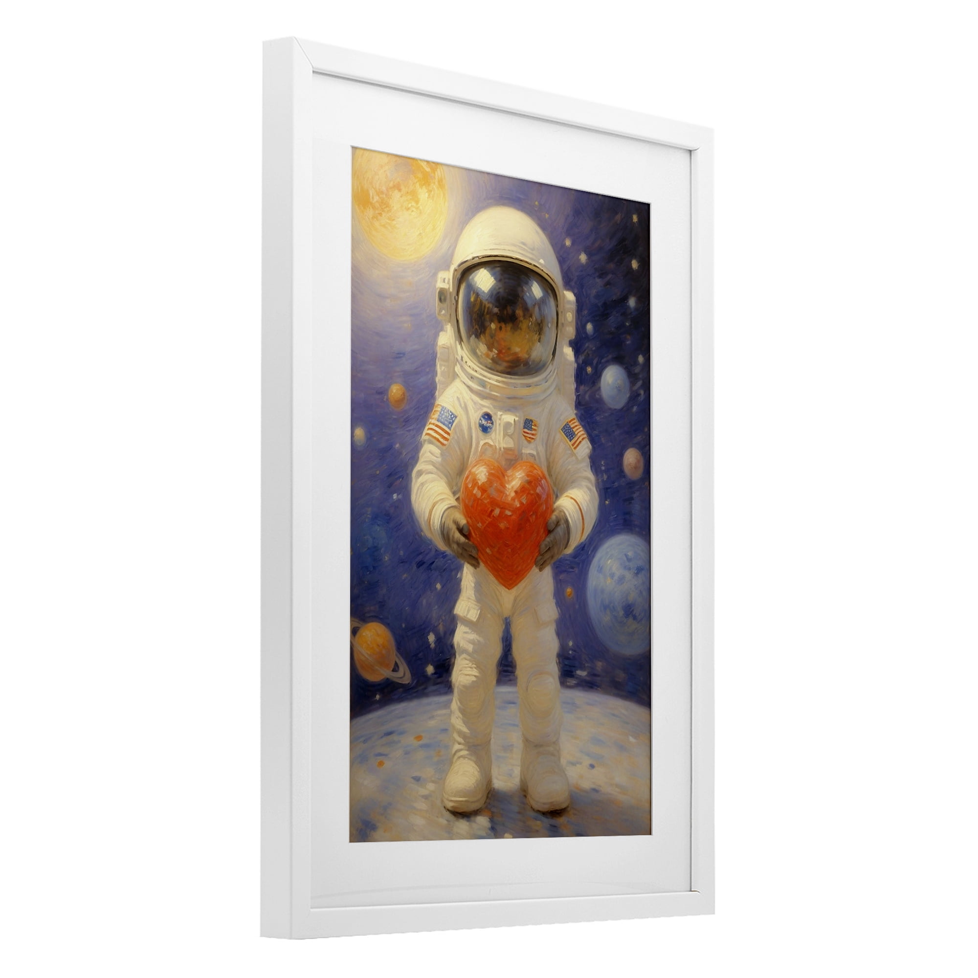 Astronaut Holding Heart White Framed Print Under Glass, design by Angie Hawke