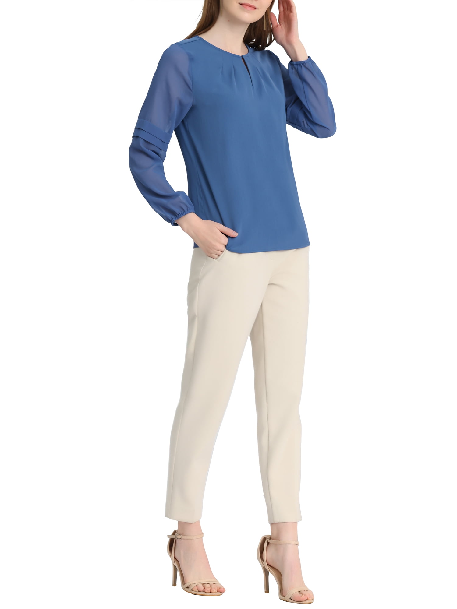 Unique Bargains Women's Chiffon Semi Sheer Long Sleeves Keyhole Neck Blouse XS Deep Blue