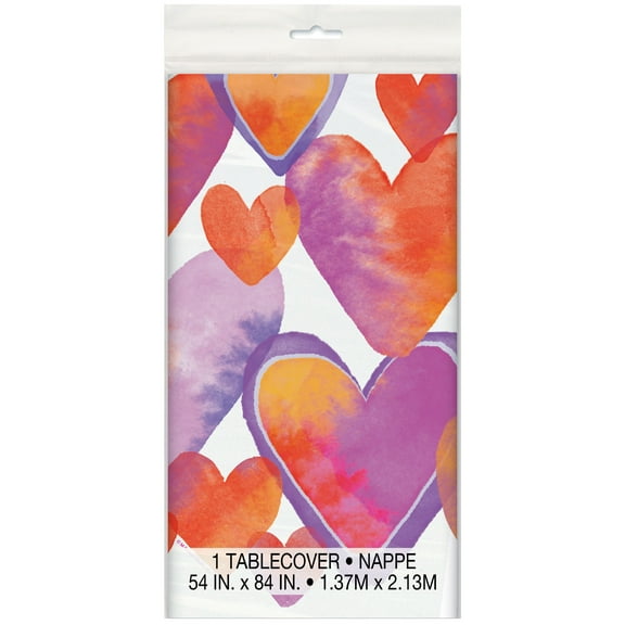 Watercolor Hearts Valentine's Day Plastic Party Tablecloth, 84 x 54in
