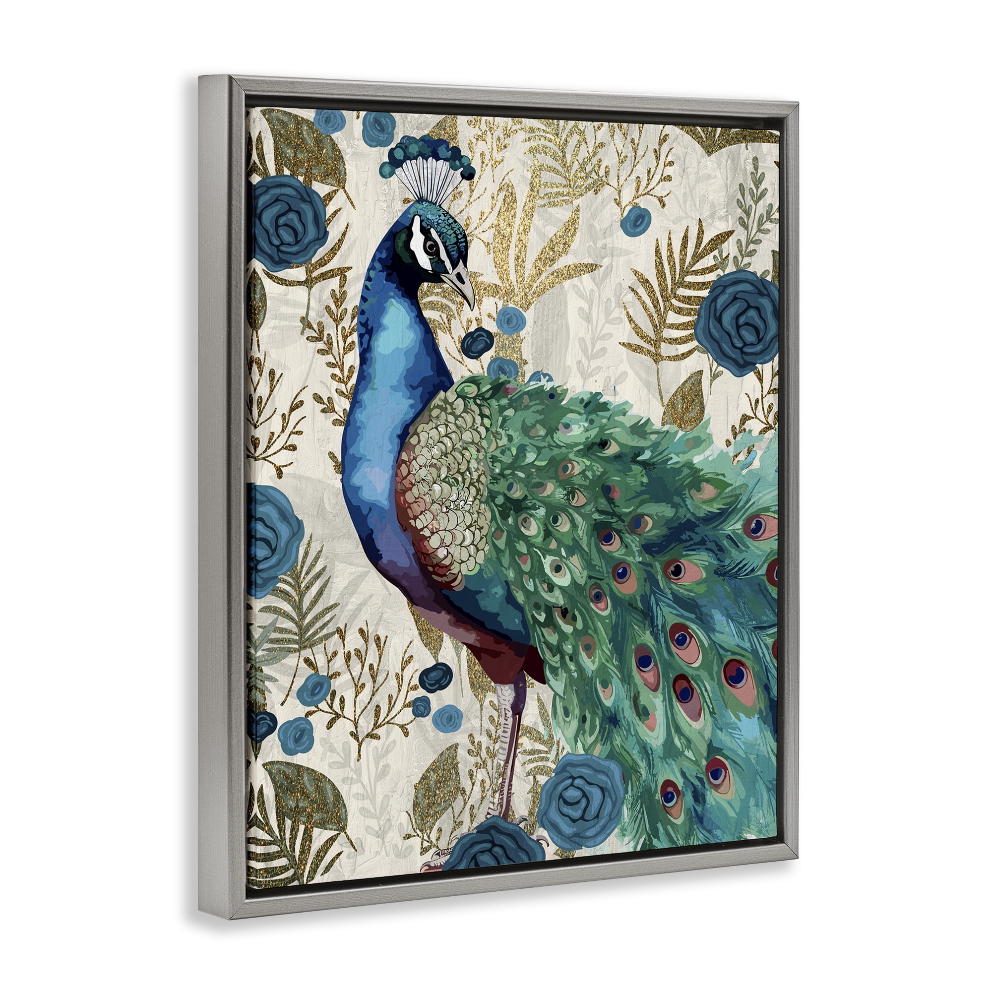 Stupell Industries Rococo Peacock Pride Gray Framed Floater Canvas Wall Art, design by Kim Allen