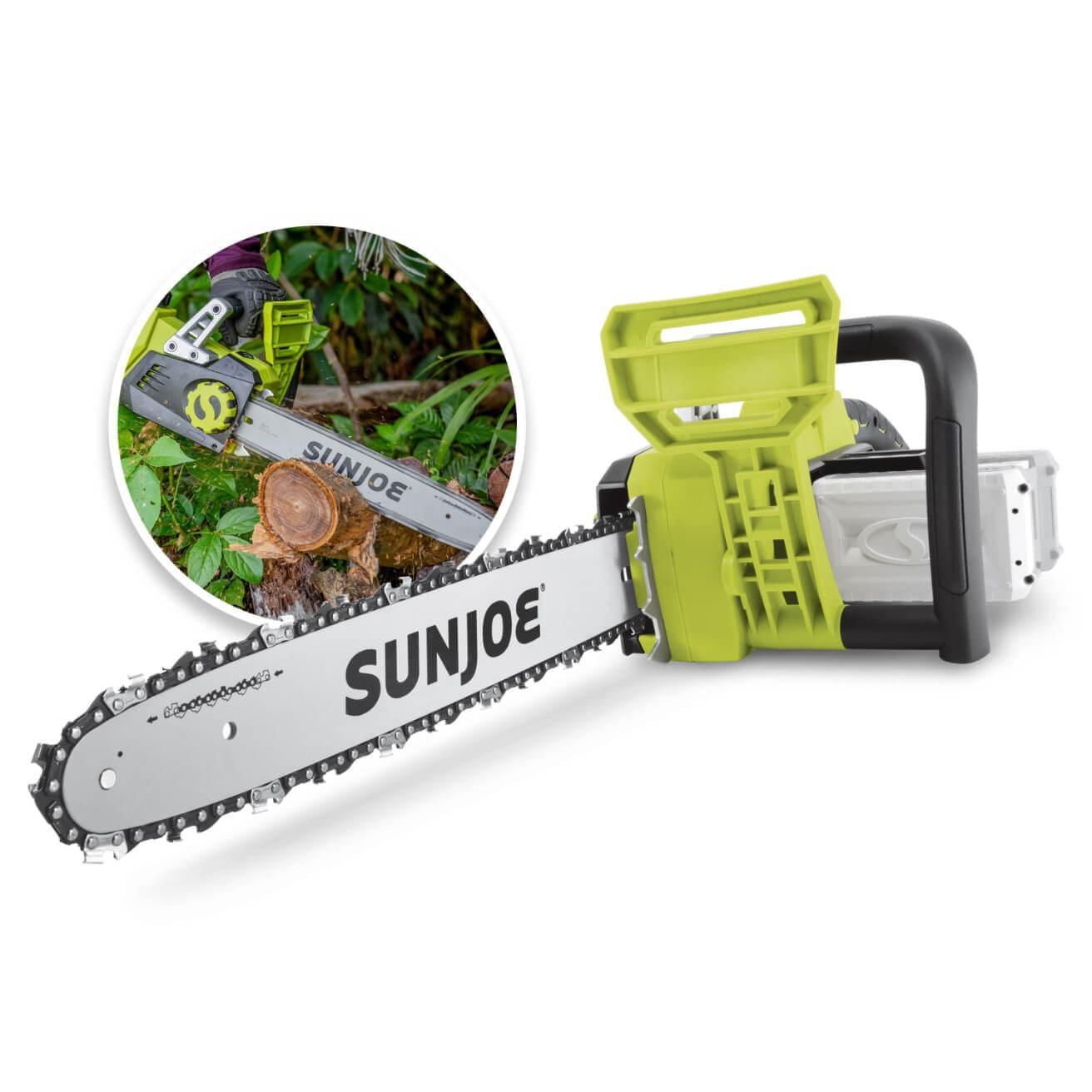 Ensemble scie à chaîne sans cordon iON+ 48 V 24V-X2-CS16 Sun Joe, 41 cm, Avec 2 batteries de 2,0 Ah et chargeur