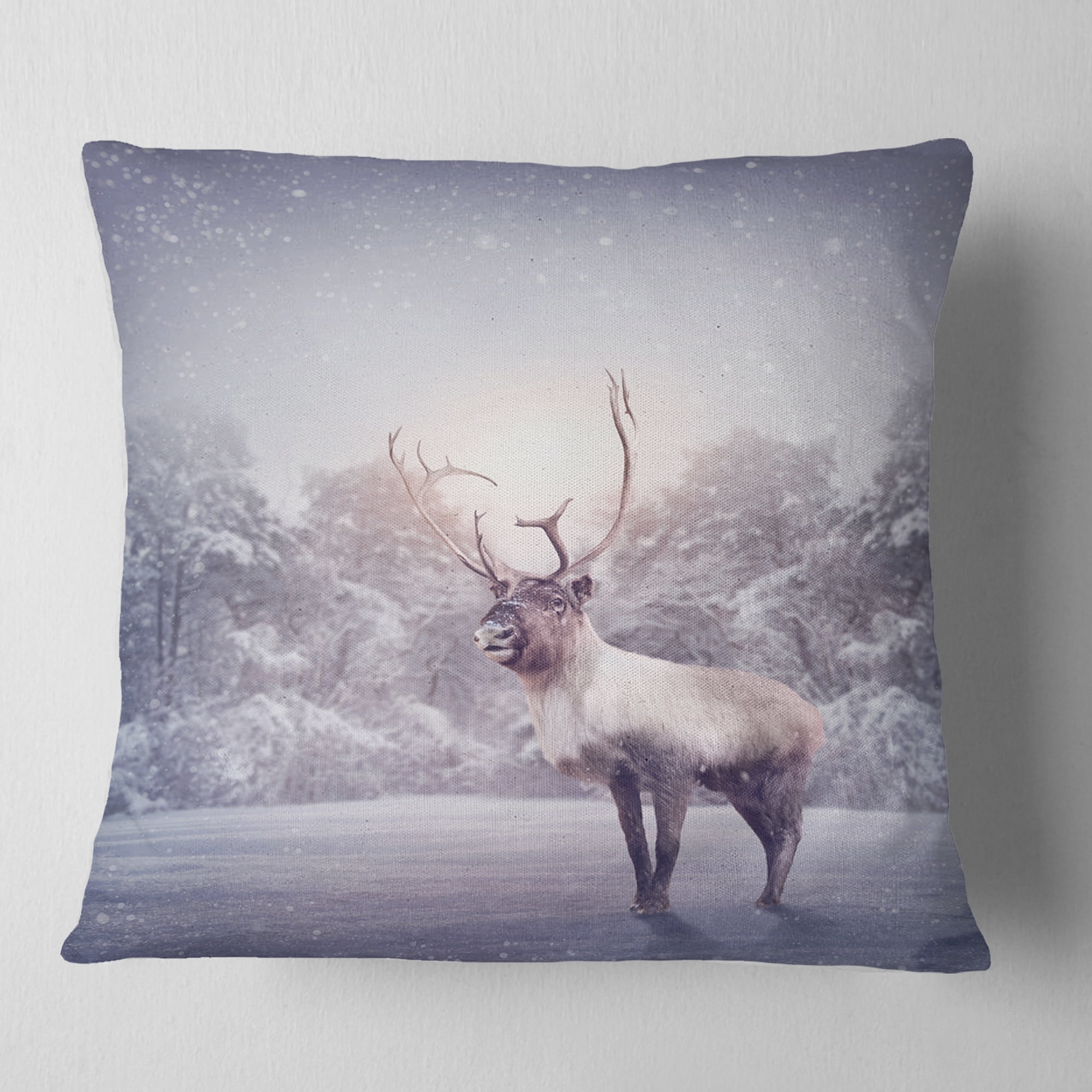 Designart Huge Reindeer Standing in Snow - Animal Throw Pillow - 16x16