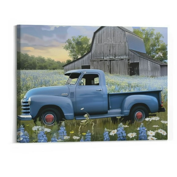 BCIIG Farmhouse Old Truck Canvas Wall Art Blue Car and White Flowers Pictures Print Field Grass Painting Country Style Artwork for Home Decor Wooden unFramed 20''x16''