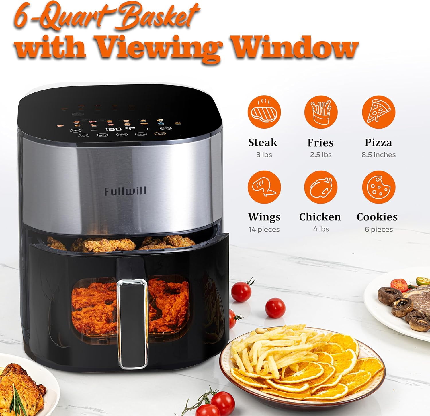 Pro 6QT Air Fryer with Large Square Viewing Window, Base and Upper Heating, 12 Presets for Chicken Wings, Steak, Fries, Pizza and More, Non-Stick and PFOA-Free, Fast and Oil Free Cooking