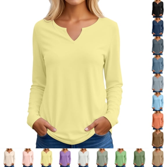 Bmisegm Long Sleeve Tops for Women V Neck Casual Blouse Loose Fit Solid Color Tops Everyday Womens Tops Yellow XL