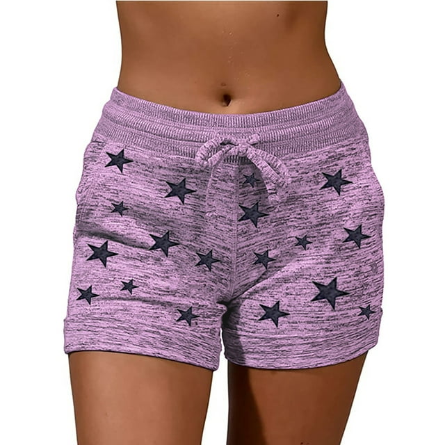Innerwin Short d'Été à Poches pour Femmes, Short de Yoga Confortable Imprimé Étoile à Cinq Branches + Violet 3TG