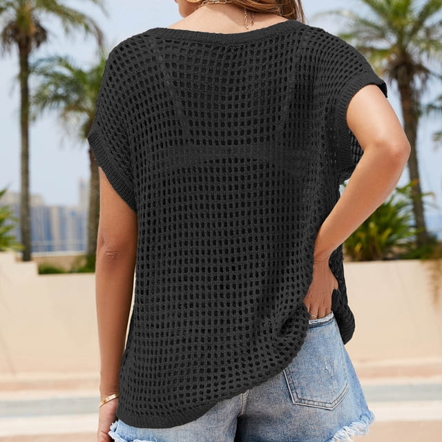 Liquidation d'Économies d'Été UPPADA Hauts Tendance pour Femmes 2024 Grande Taille T-Shirts à Manches Courtes Décontractés Col Rond Chandails Basiques Hawaïens T-Shirts Ajourés