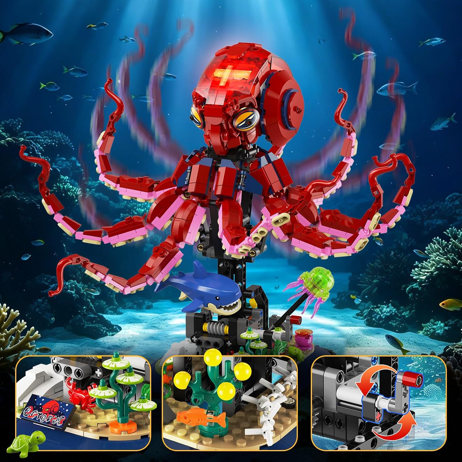 TERRAMUS Set de Construcción de Pulpo Mecánico, 1031 Piezas Kit de Bloques de Animal Oceánico Autómata Móvil con Soporte de Exhibición de Aguas Profundas para Niños de 12+ Años 5