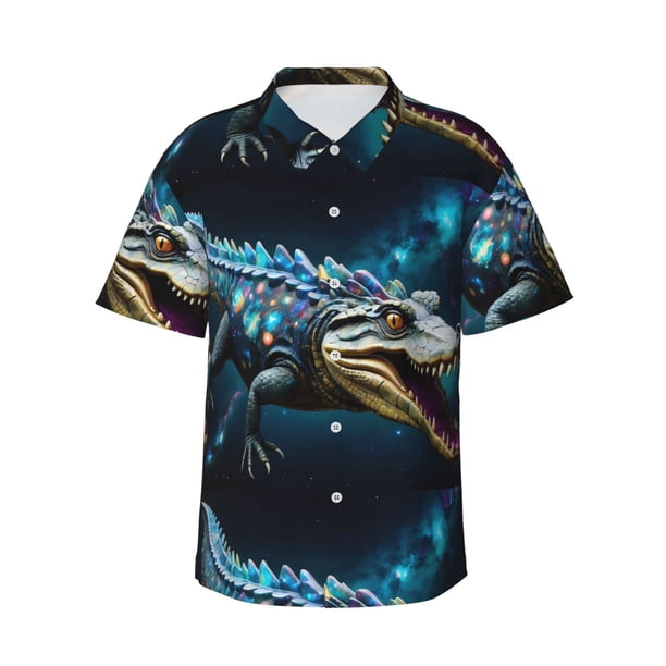 Balery Starry Sky Colorful Crocodile Camisas hawaianas de manga corta para hombre, camisas playeras de corte holgado, camisas de vacaciones con botones,3X-Large