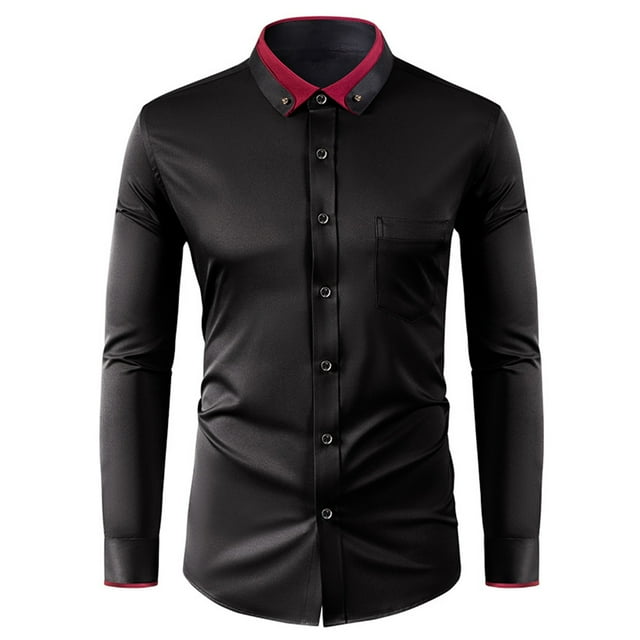 Men's Color Blocked Lapel Button Shirt - Slim Fit, Polyester Spandex, Business Casual, 39-44 Sizes, All-Season