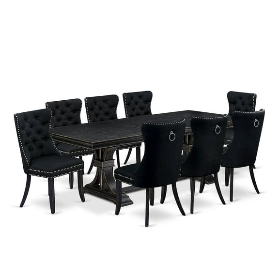 Luxe by East West Furniture 9 piece modern dining set of a dinner table and 8 Linen Fabric kitchen chairs