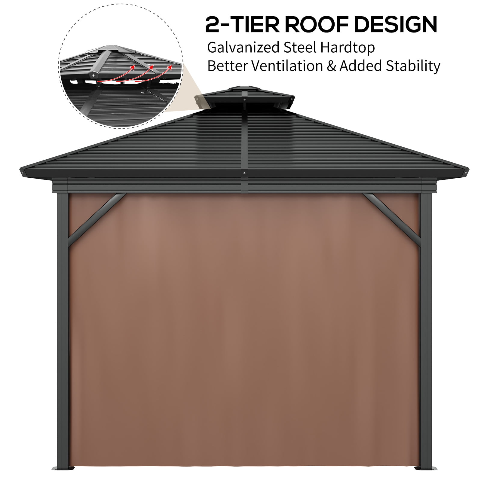 Outsunny 10' x 10' Metal Roof Hardtop Gazebo w/ Curtains & Netting, Brown