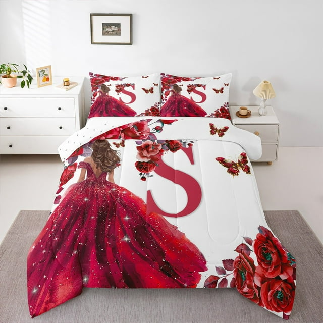 Erosebridal Ensembles de Literie Romantiques Monogrammés S avec Couette, Ensemble de Literie de Princesse de Rêve avec Couette, Insert de Couette Réversible Rose Rouge, Décoration de Chambre Respirante, 2 Pcs
