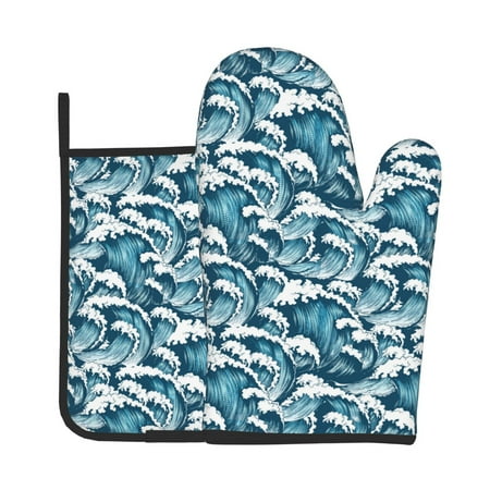 

Lukts Ocean Waves Print Kitchen Heat-Resistant Gloves and Spacers 2pcs Set Suitable for Baking and Cooking
