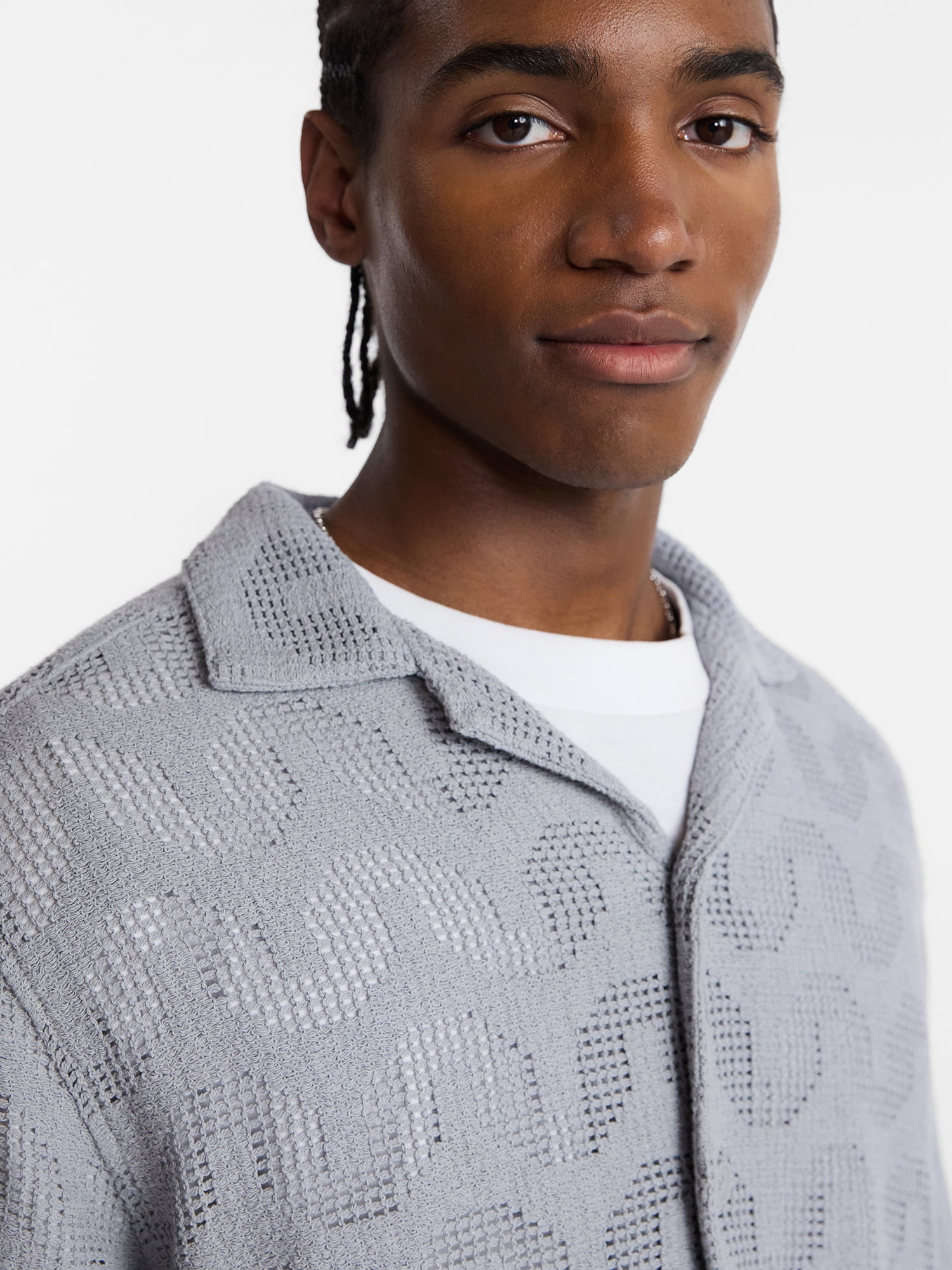 No Boundaries Textured Wave Design Resort Shirt with Short Sleeves, Men's XS-4XLT