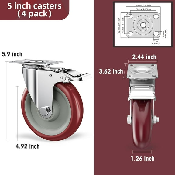 5 Inch Heavy Duty Casters with Brake - 1400lbs Capacity, Non-Marking Caster Wheels, Plate Mount for Furniture, Cart, Workbench