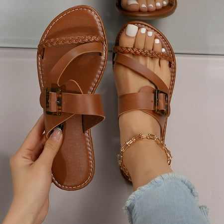 

Krdevn Ladies Fashion Solid Color Leather Knitted Belt Buckle Decorative Flat Bottom Sandals -Brown 40