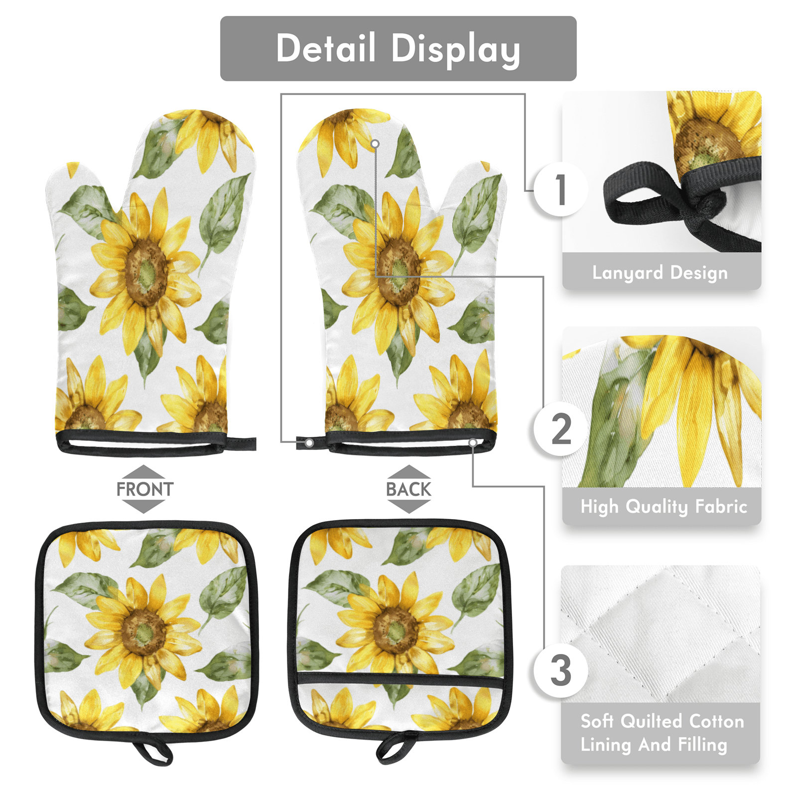 CURLYOOT Sunflower Oven Mitts and Pot Holders Sets of 2, Non-Slip Washable Spring Floral Hot Pads and Oven Gloves for Kitchen Cooking Baking