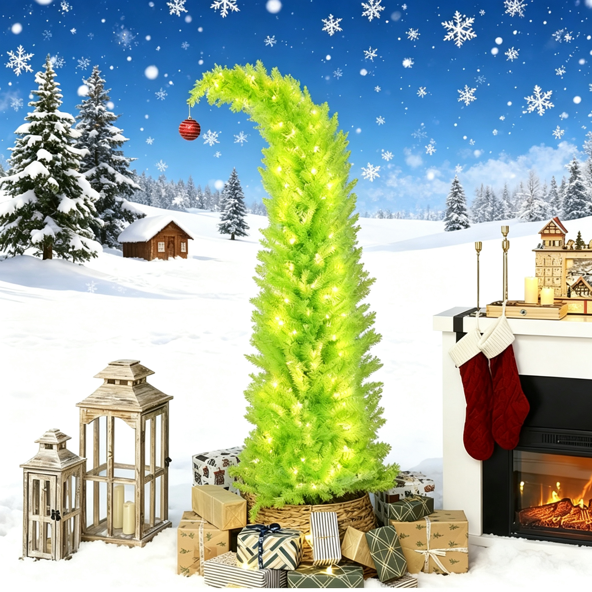 72 in Whimsical Christmas Tree, Pencil Xmas Tree with Red Ball, Metal Base, Prelit with 230 LED Lights