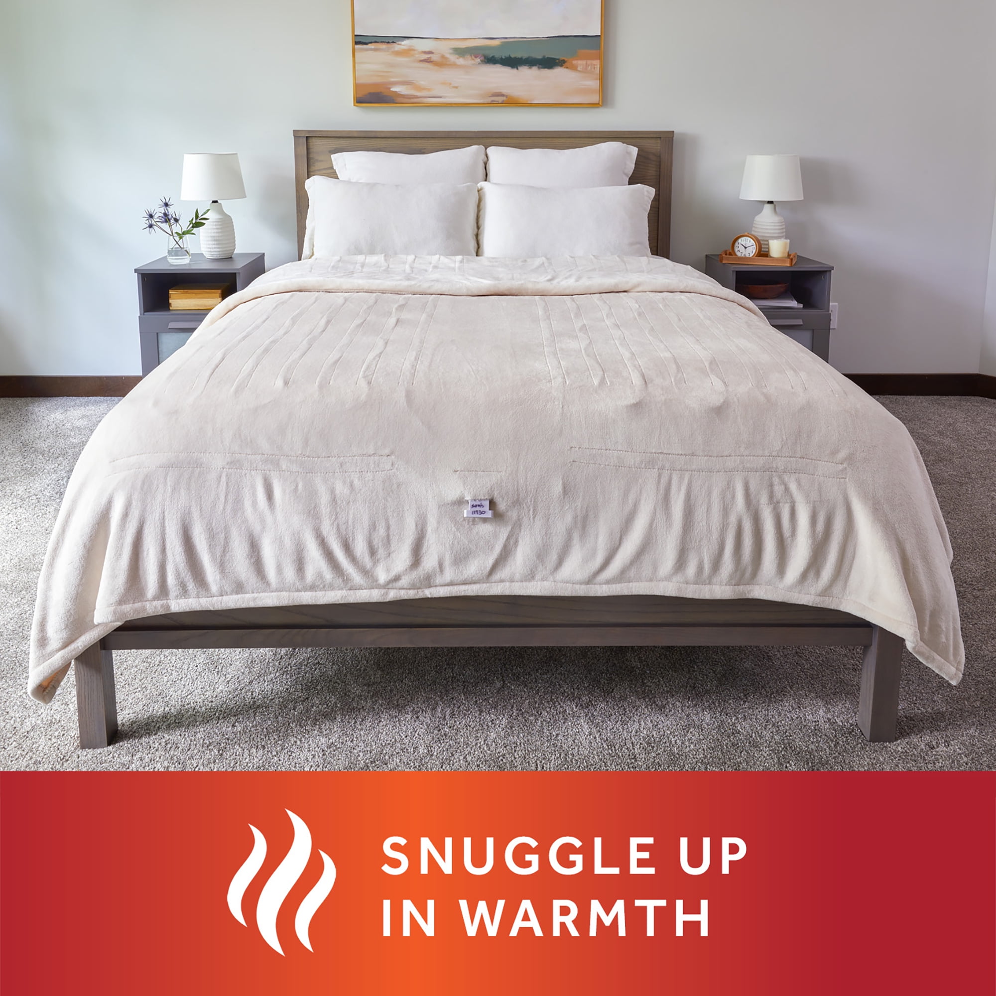Sunbeam Cream Nordic Velvet Electric Heated Blanket Twin Size, 84" x 62", 12 Heat Settings, Fast Heating, Heating Blankets with Controller, Auto-Shut Off, Machine Washable, Warm, Cozy and Comfortable