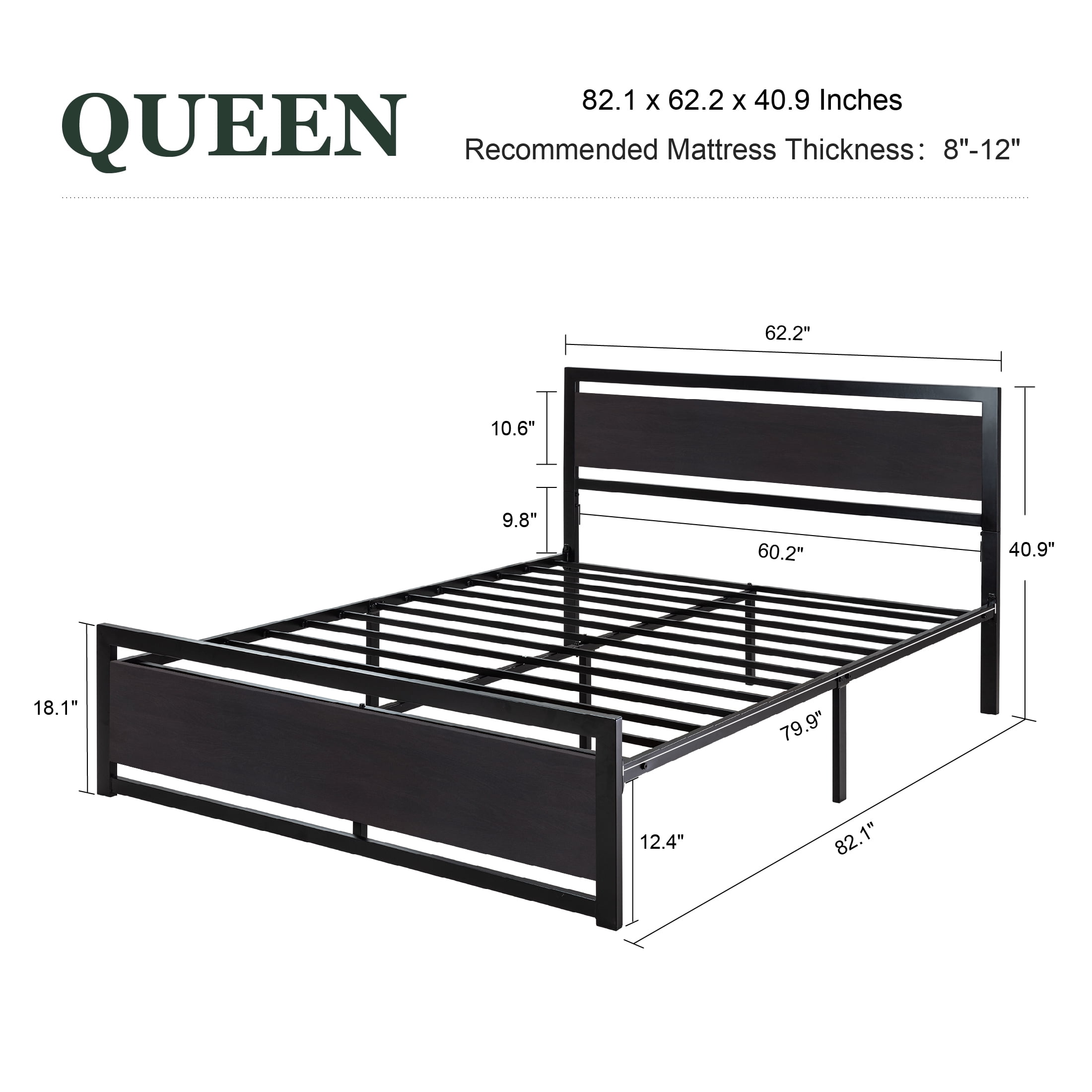 Amolife Queen Size Metal Platform Bed Frame with Wooden Headboard, 12.4" Under-Bed Storage, Black