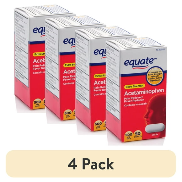 (4 pack) Equate Extra Strength Acetaminophen Pain and Fever Relief Caplets, 500mg, 50 Count