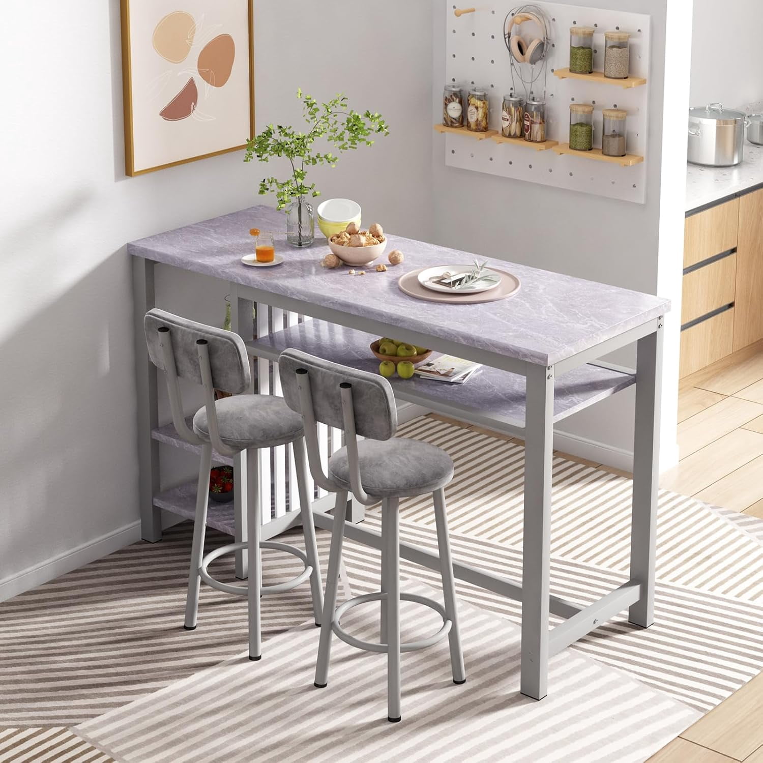 Cvortll Bar Table and Chairs Set, Kitchen Counter with 3 Tier Storage Shelves,3-Piece Faux Marble Table with 2 PU Cushion Bar Stools for Home & Kitchen,Grey