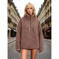 thumbnail image 6 of Womens Half Zip Fleece Striped Jacket Oversized Stand-Up Collar Sweatshirt Warm-Fuzzy Outerwear Brown XL, 6 of 7