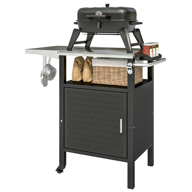 CoSoTower Chariot de Repas pour Gril Extérieur avec Dessus en Acier Inoxydable, Table Support de Four à Pizza avec Table d'Appoint Pliable, Argent