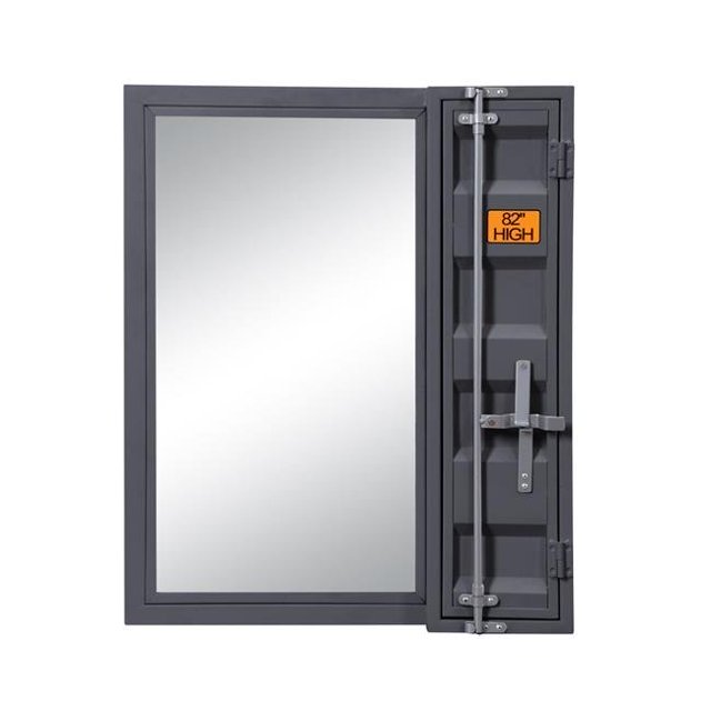 Benzara BM204615 Industrial Style Metal Vanity Mirror with Recessed Door Storage, Gray