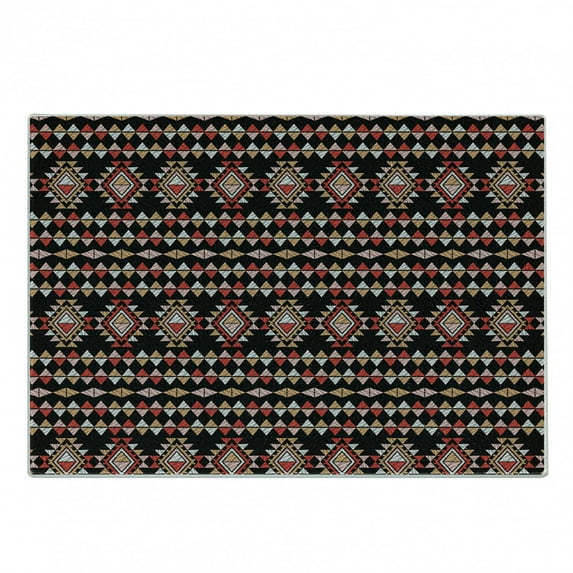 Aztec Cutting Board, Sketch Triangles in Patchwork Folk Art Style in Vivid Tones, Decorative Tempered Glass Cutting and Serving Board, in 3 Sizes, by Ambesonne