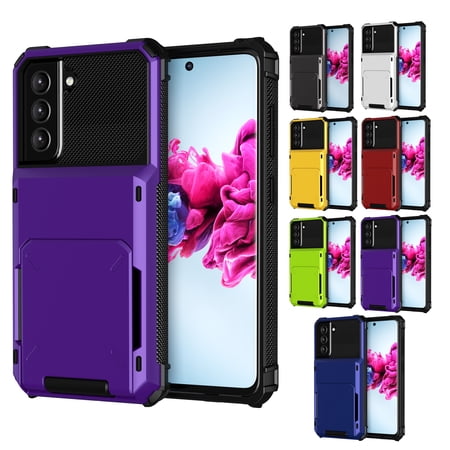Dteck Samsung Galaxy S21 FE Rugged Case Wallet Hidden ID Slot Credit Card Holder Heavy Duty Dual Layer Protective Shell Solid Case for Samsung Galaxy S21 FE - Purple