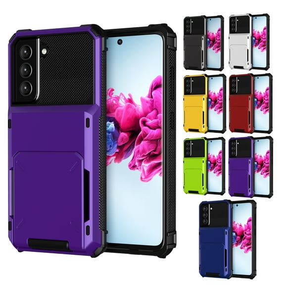 Dteck Samsung Galaxy S21 FE Rugged Case, Wallet Hidden ID Slot Credit Card Holder Heavy Duty Dual Layer Protective Shell Solid Case for Samsung Galaxy S21 FE - Purple