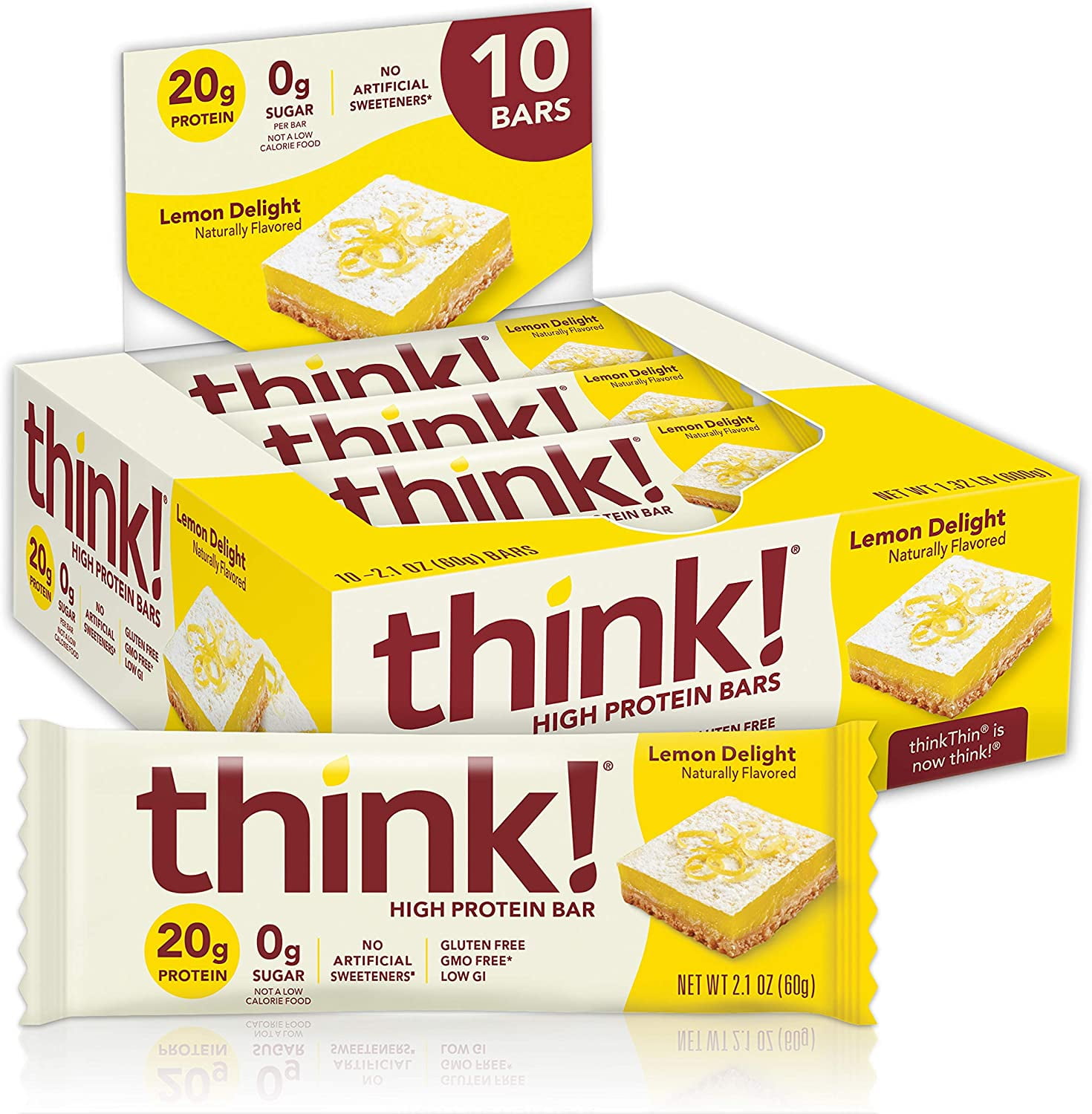 think! High Protein Bars - Lemon Delight, 20g Protein, 0g Sugar, No Artificial Sweeteners, GMO Free, 2.1 oz bar (10 Count)