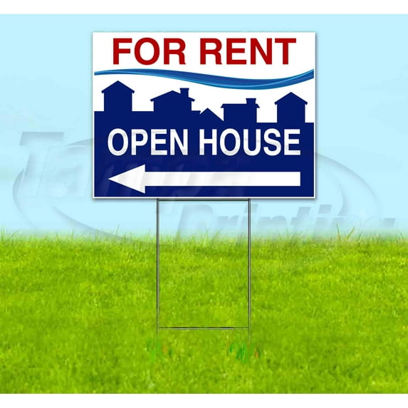 For Rent Open House Left (18" x 24") Yard Sign, Includes Metal Step Stake