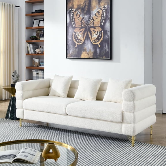 YWEN Modern Sofa Couch, 81" W Teddy Bouclé Oversized Loveseat Cloud Sofa, Upholstered Tufted Comfy Deep Seat Couch with Gold Legs & Pillows for Living Room, Bedroom, Office, Apartment