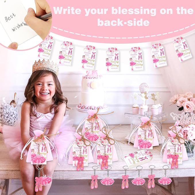 Serencatcher Ballerina  Favors, 90pcs Ballet  Favors Baby Shower Birthday Bags Filler Ballerina Tutu Shoes Keychains Thank You Tags Pink Organza Bags for Ballerina Baby Shower Birthday