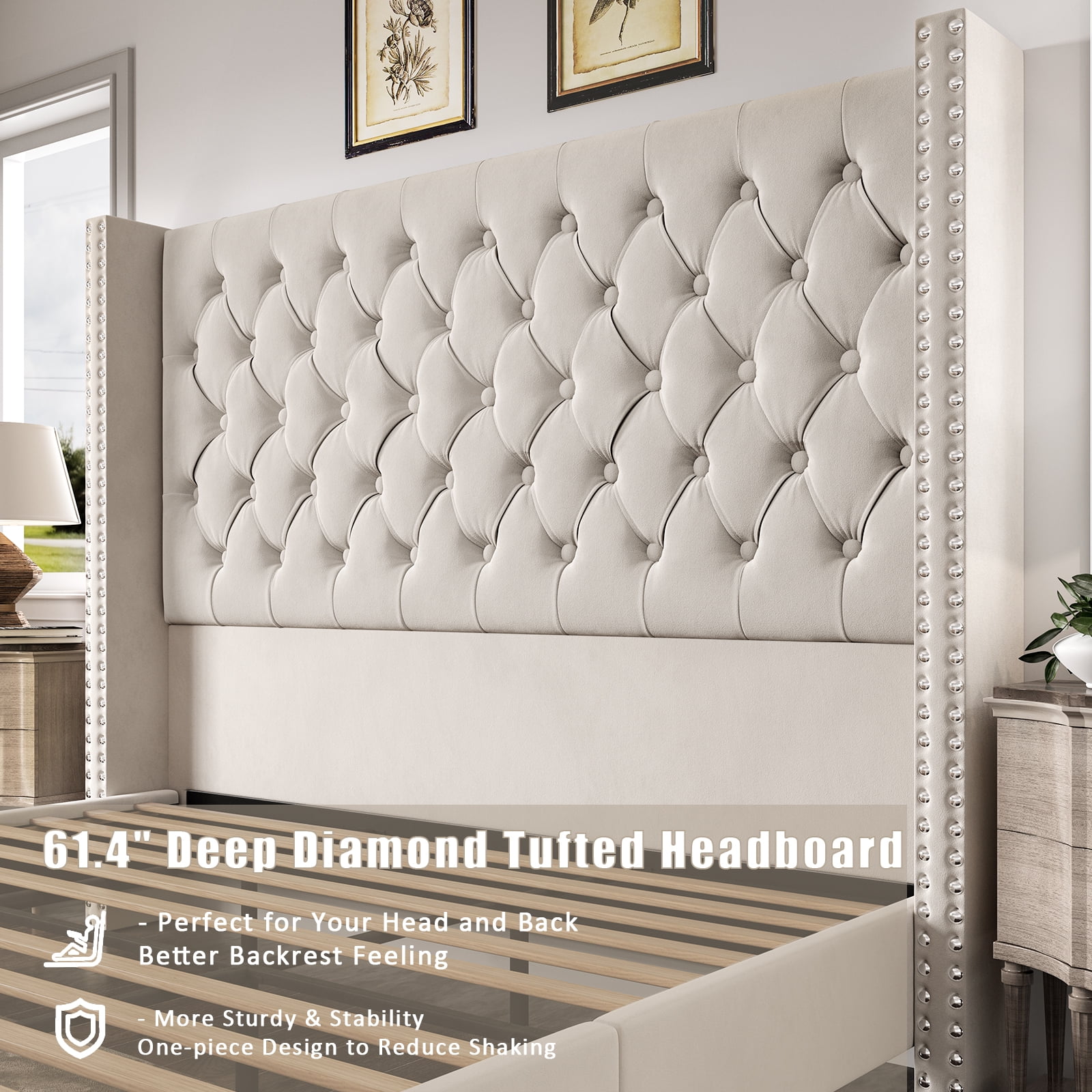 VanAcc Queen Upholstered Platform Bed Frame with Tufted Velvet Headboard, Cream