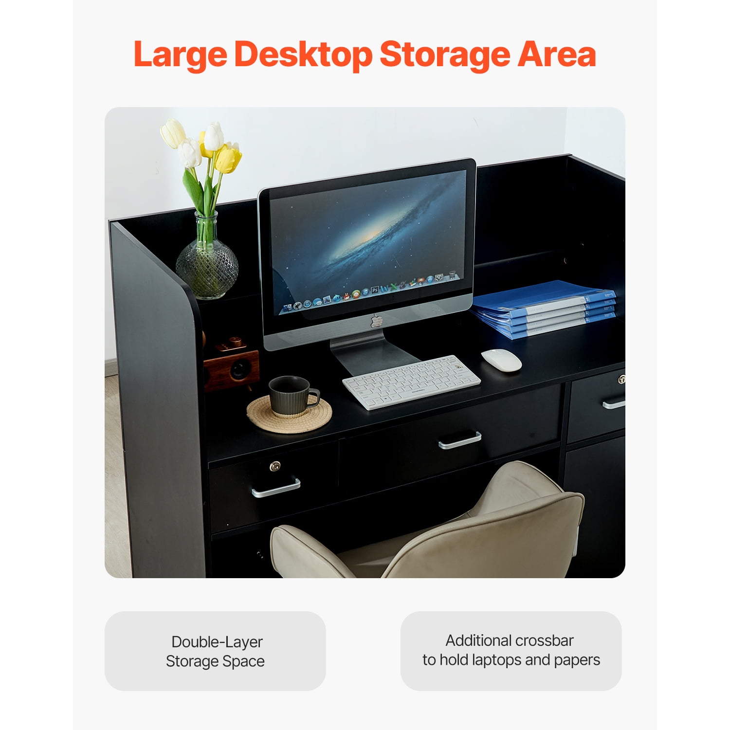 KFFKFF Front Desk, Dimensions 47.24 x 18.9 x 39.37 inches, Rectangular Counter Table, Comes with Secure Drawer and Storage Cabinet, Suitable for Cashier, Lobby, Beauty Parlor and Office, Color Black