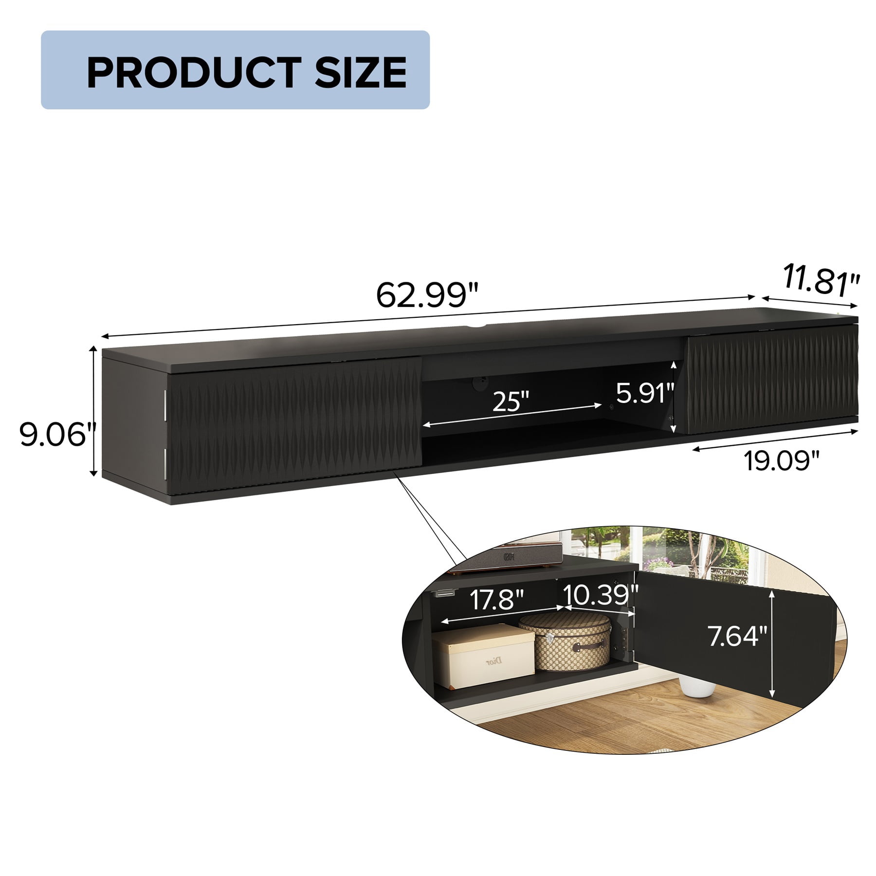 Hommoo Modern LED TV Stand, Carved Surface Wall-Mounted TV Cabinet with Double Doors &Open Shelf, Entertainment Center with Storage, Black
